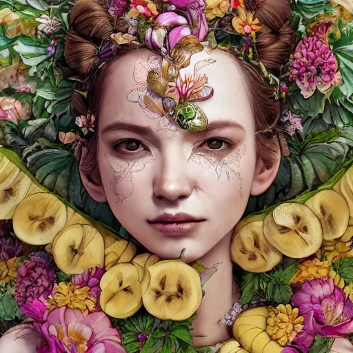 Image similar to the portrait of an absurdly beautiful, graceful, elegant, chaste, young woman made of bananas and petals looking up, an ultrafine detailed illustration by kim jung gi, irakli nadar, intricate linework, bright colors, octopath traveler, final fantasy, angular, unreal engine 5 highly rendered, global illumination, radiant light, detailed and intricate environment