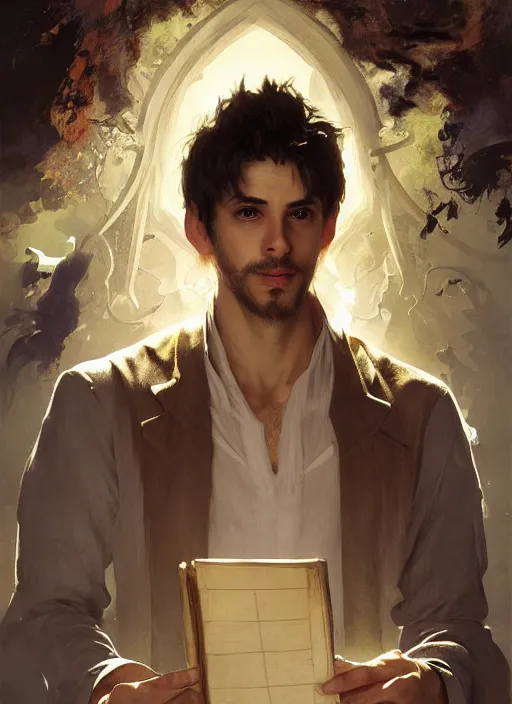 Prompt: character concept portrait of an attractive young clever Spanish wizard with pale golden skin enchanting an explosion curse, a floating iridescent spell book in the center, intricate, elegant, digital painting, concept art, smooth, sharp focus, illustration, from Metal Gear, by Ruan Jia and Mandy Jurgens and William-Adolphe Bouguereau, Artgerm