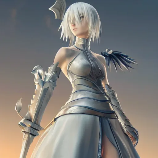 Prompt: a white haired girl with a massive elaborate spear. character design. gesture drawing. line of action. official art, concept art. tetsuya nomura. final fantasy. makoto shinkai ray tracing hdr. 8 k. uhd. sharp focus. beautiful face. wideshot. highly detailed. masterpiece. cinematic lighting..