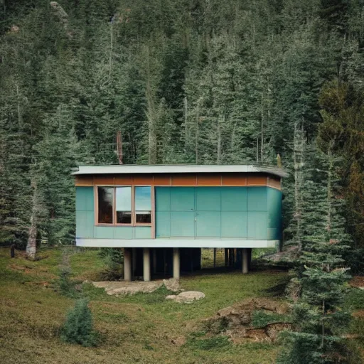 Image similar to wes anderson style modern futuristic house near the lake, snowy mountains and green forest, cinematic, realism, photo, detailed