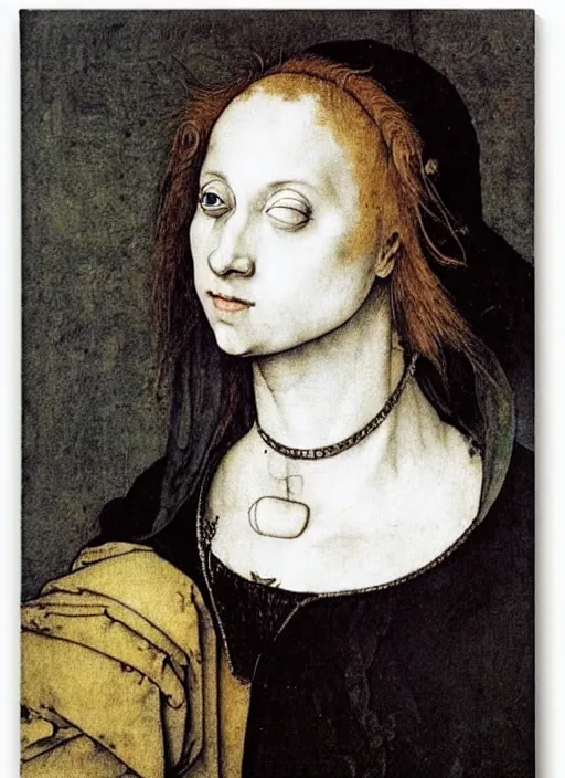 Prompt: a portrait of a pretty sewer punk young lady by albrecht durer
