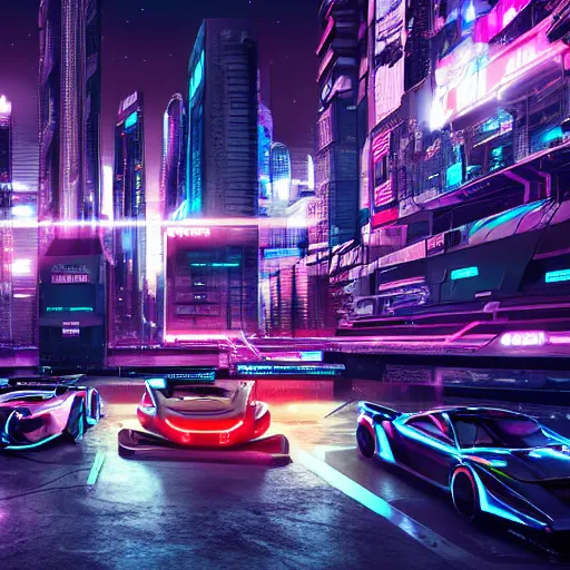 Prompt: futuristic city of cyberpunk super cars racing in the neon lit night, highly detailed, digital art, 8k