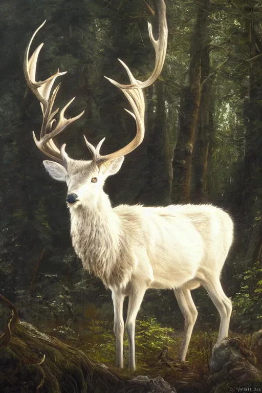 Image similar to an oil painting of the king of the forest: a white stag, beautiful, fantasy, hyper realistic, dramatic lighting