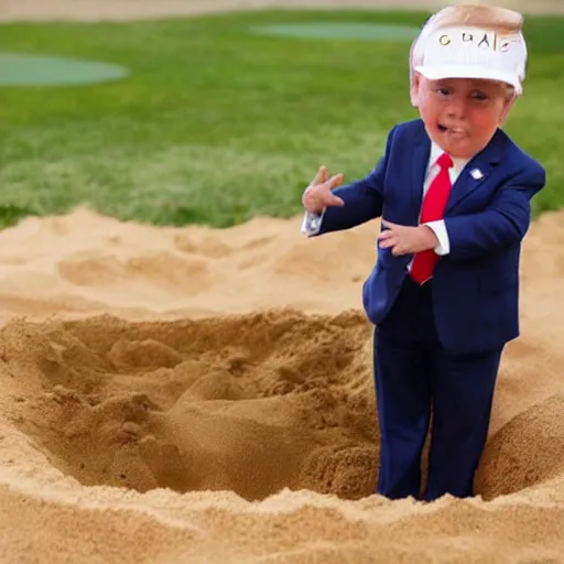 Prompt: trump is playing in a sandbox with his name on it but won't let other kids play, gettyimages,