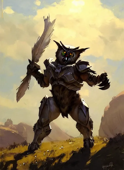 Image similar to Greg Manchess painting of a Owl Charr from Guild Wars 2 wearing Forerunner Armor from Halo, countryside, calm, fantasy character portrait, dynamic pose, above view, sunny day, artwork by Jeremy Lipkin and Giuseppe Dangelico Pino and Michael Garmash and Rob Rey, very coherent asymmetrical artwork, sharp edges, perfect face, simple form, 100mm