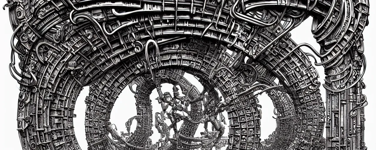 Prompt: a double helix dna cyberpunk steampunk stone carved archway, art deco high details, lineart, by vincent di fate and joe fenton, inking, screen print, masterpiece, trending on artstation, sharp, high contrast, hyper - detailed, ultrawide, hd, 4 k, 8 k