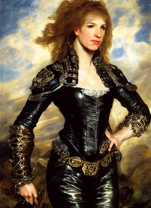 Prompt: , , rachel maddow dressed as black Canary,, Dramatic, Edge, Good, Infused, Backlight, De-Noise, VFX, insanely detailed and intricate, hypermaximalist, facial ,elegant, ornate, hyper realistic, super detailed, by Anthony Van Dyck, by Ivan Shishkin, by John Constable