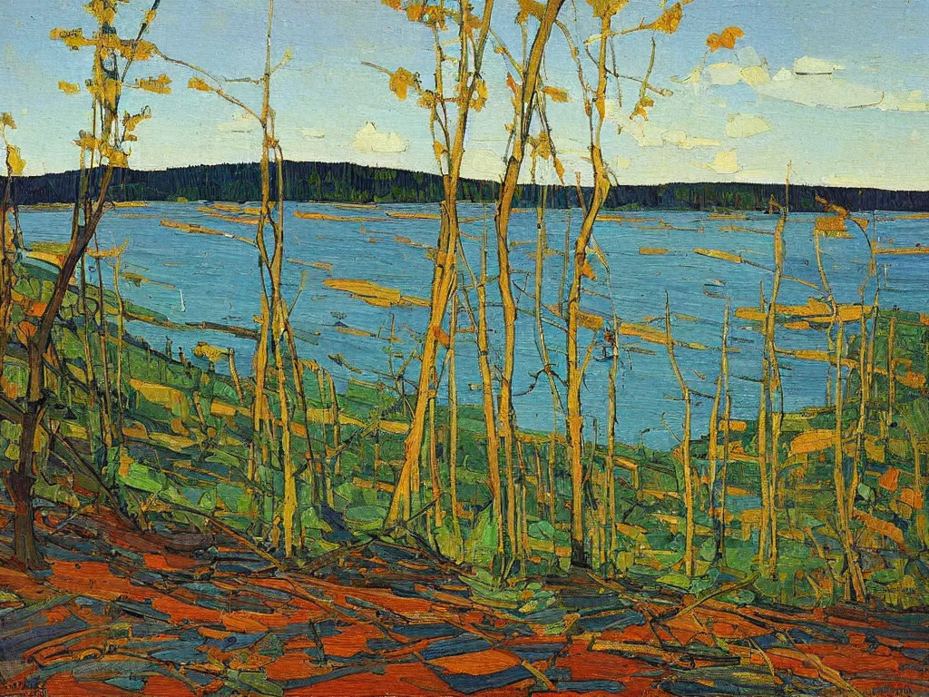 Image similar to a beautiful landscape painting by tom thomson, trending on arstation