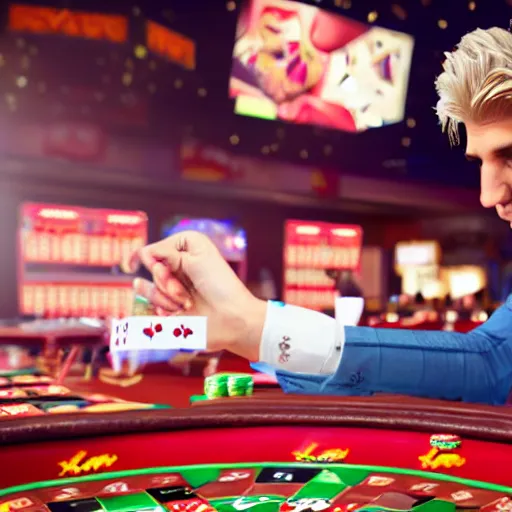 Image similar to film still of xqc gambling in Vegas, 4k, photorealism, artstation style