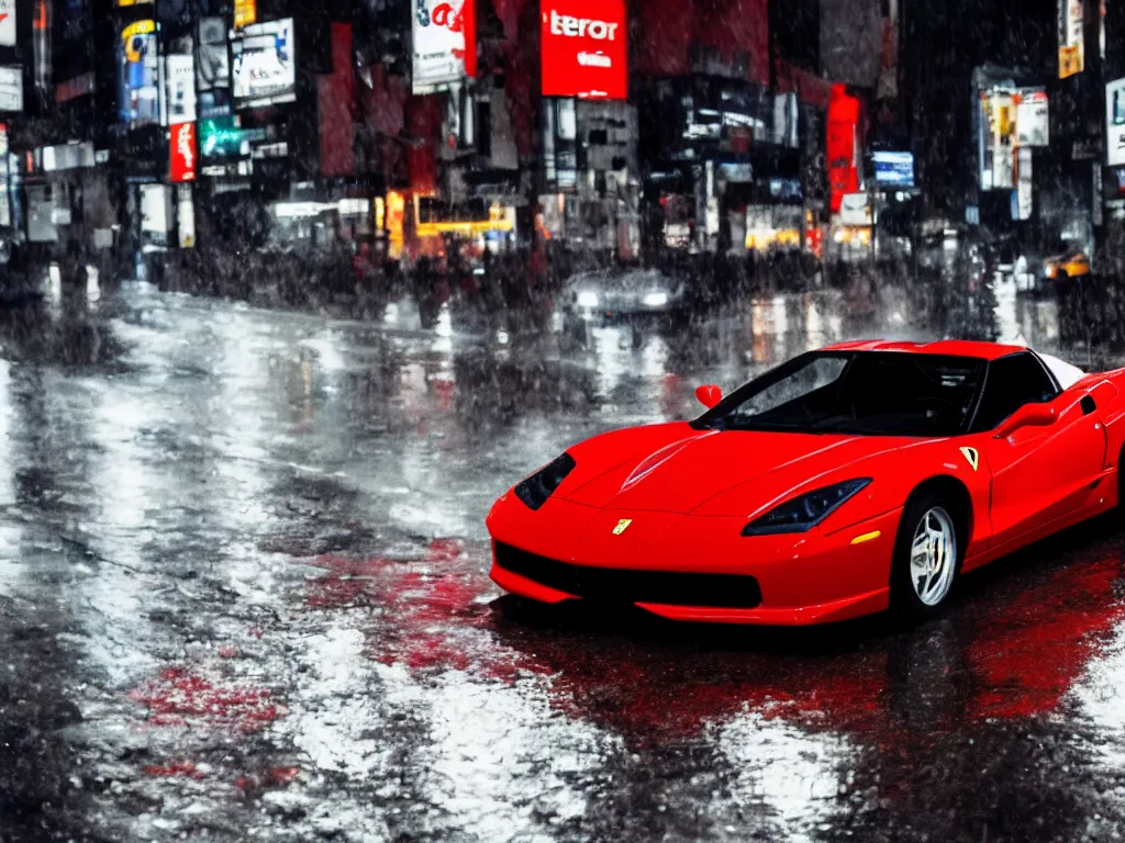 Prompt: Ferrari Lamborghini Corvette super car driving down a wet street at night in Tokyo, octane, hdr, 8k
