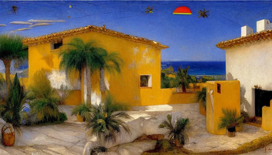 Prompt: a 1 9 9 8 southern spain house!!! costa blanca, designed by bispo do rosario, arnold bocklin, jules bastien - lepage, tarsila do amaral, arthur and gustave baumann, cheval michael, warm, mediterranean, star, sharp focus, colorful refracted sparkles and lines, soft light, 8 k 4 k