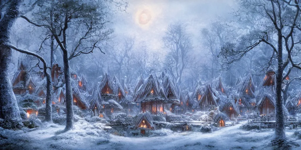 Image similar to Lothlórien with elven homes during winter, evening, detailed matte painting, cinematic, Alan Lee, Artstation