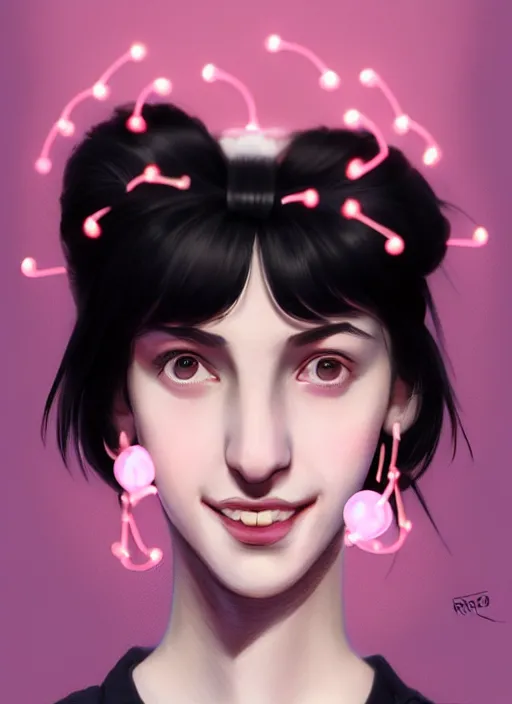 Image similar to portrait of high school girl, realistic, black hair, bangs, half updo hairstyle, pointy nose, skinny, smile, ugly, defined jawline, big chin, pink hair bow, earrings, intricate, elegant, glowing lights, highly detailed, digital painting, artstation, sharp focus, illustration, art by wlop, mars ravelo and greg rutkowski