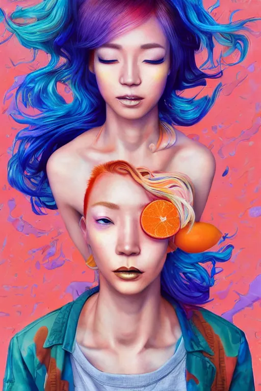 Prompt: a award winning half body portrait of a beautiful caucasian woman in a croptop and cargo pants with ombre orange blue teal hairstyle with head in motion and hair flying by yoshii chie and hikari shimoda and martine johanna and will eisner, outrun, vaporware, digital art, trending on artstation, highly detailed, fine detail, intricate