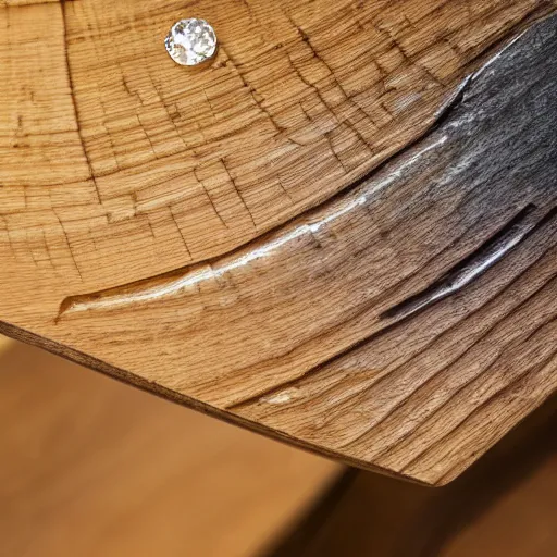 Prompt: dslr closeup photo still of a massive faceted cut diamond on an oak table with realistic caustics on table, 8 k, 8 5 mm f 3. 6