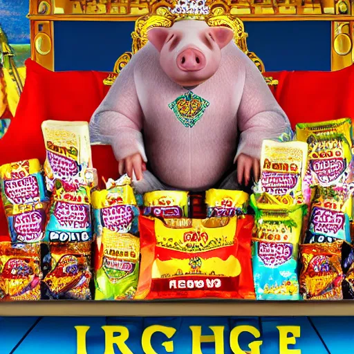 Prompt: photo realistic pig king on throne surrounded snack food bags, realistic, award winning, cinematic