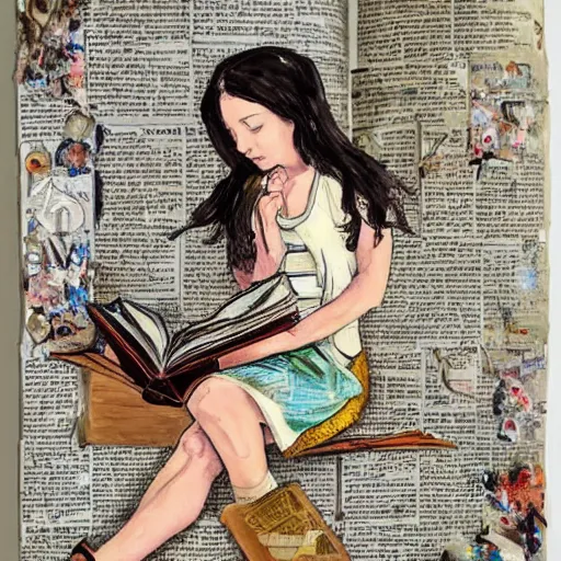 Prompt: full body pose, mixed media painting of a girl reading a book, extremely hyper - detailed, intricate, epic composition, very detailed, masterpiece, stunning,