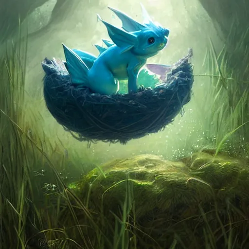 Prompt: a small vaporeon hatching out of an egg, on a riverbank, reeds, fantasy digital painting, stunning intricate details, artwork by ross tran and greg rutkowski