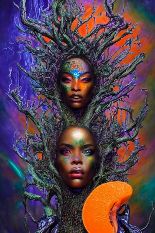 Image similar to hyperrealistic post-maximalist super expressive! black woman with exoskeleton armor, merging with tree in a forest, highly detailed digital art masterpiece smooth cam de leon hannah yata dramatic pearlescent blue orange light ground angle hd 8k sharp focus