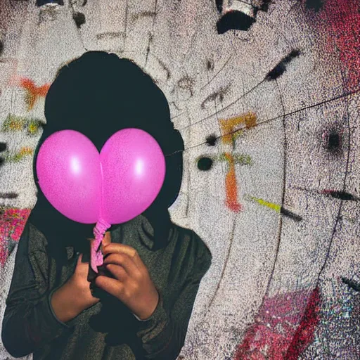 Image similar to a girl holding a balloon at a fairground. buildings with graffiti. silhouette. photograph illustration in the style of simon stalenhag