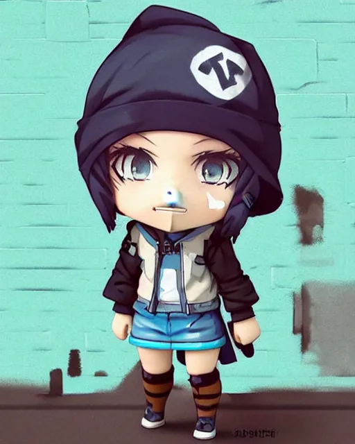 Image similar to nendoroid of a sewer punk lady student, beanie, tartan hoodie, blue eyes, frosty white hair by atey ghailan, by greg rutkowski, by greg tocchini, by james gilleard, by joe fenton, by kaethe butcher, gradient, light blue, black, brown and cyan color scheme, grunge aesthetic!!! white graffiti tag wall background