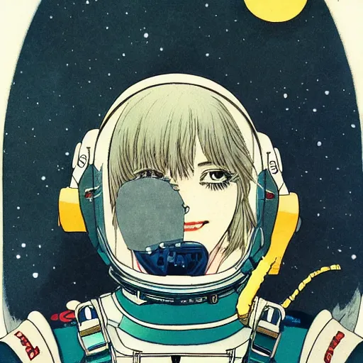 Image similar to portrait of female demon naraka astronaut painted in miyazaki color style drawn by katsuhiro otomo and takato yamamoto, high detail, intricate linework, sharp, smooth face, china doll face, high detail, manga and anime