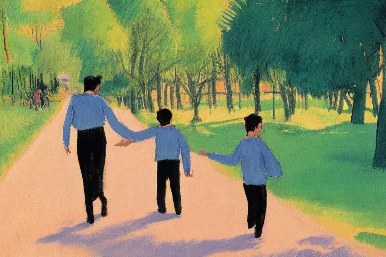 Image similar to a tall man with dark hair holding the hands of a small boy with dark hair as they walk down a suburban highway on a bright beautiful colorful day. part in the style of an edgar degas painting. part in the style of david hockney