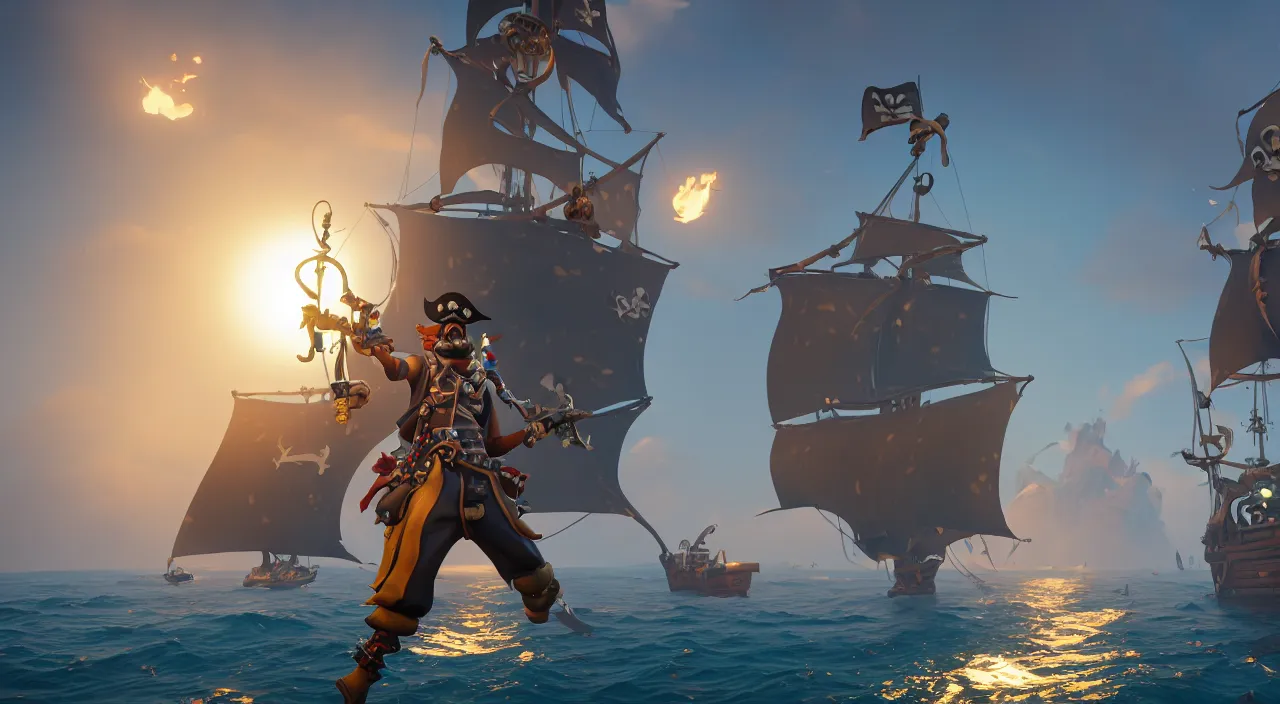 Prompt: a wide shot of a stylized 3D CGI fortnite pirate standing on the front of the ghost ship with the black Jolly Roger flag, the ghost ship is in the middle of the ocean, extremely detailed, pirate portrait, fantasy art overwatch and heartstone, cgsociety, artstation hq, octane render, 8k,