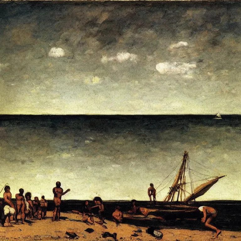 Prompt: An aborigine on the shoreline from Australia trading with a English settlers coming off a tri-hull wooden ship, the settlers are wearing multicolour clothes, the ocean horizon is in the distance, by Gustave Courbet