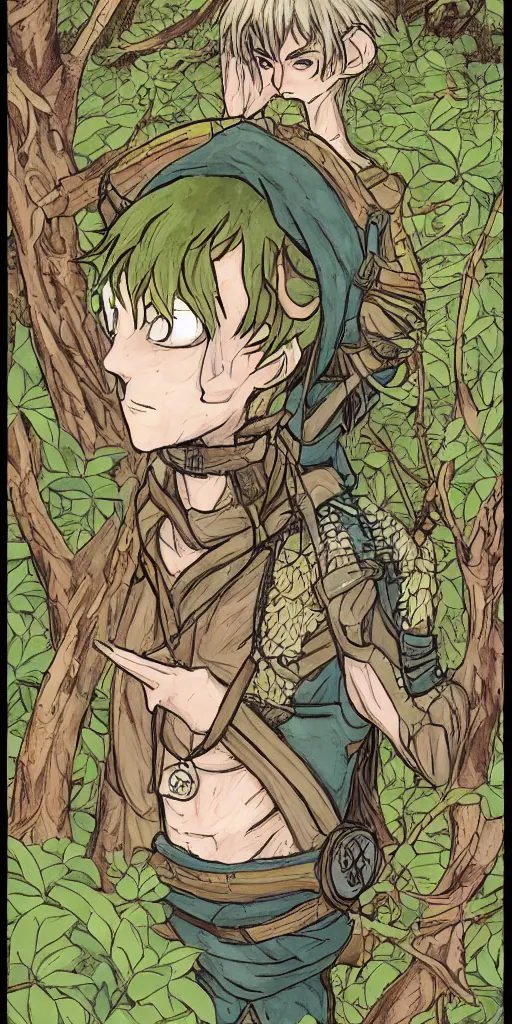 Image similar to an wood elf boy getting ready for an high fantasy adventure on the mountain side, anime style, tarot card, Tarot card the fool, fine line work, psychedelic, full color, earth tones