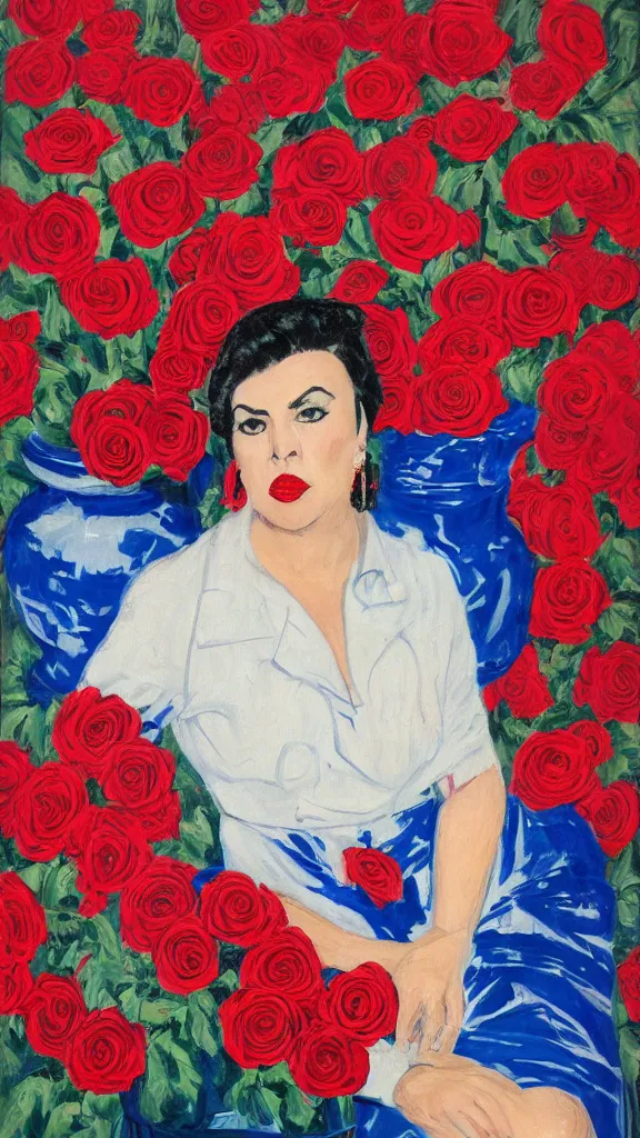 Image similar to portrait of rebekah delrio in lynch pattern dress beside of a big persian detailed pot of red roses, blue and red lights, mulholland drive, painted by egon sheile