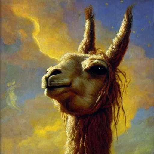 Image similar to detailed space portrait of a llama with dreadlocks, realistic creature concept, heroic pose, glowing starts in background, Ilya Repin oil painting