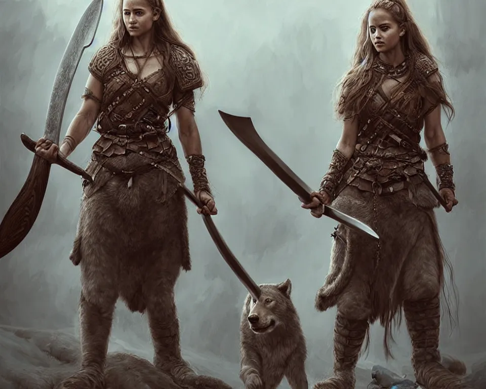 Image similar to gorgeous!! hyper - realistic woman resembling alicia vikander as a battle - worn viking warrior wielding a giant axe | standing next to a dire wolf | intricate, highly detailed, digital painting, character design, character concept art | drawn by wlop, drawn by jeehyung lee, drawn by artgerm, drawn by peter kemp