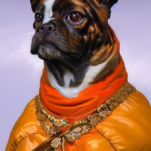 Prompt: oil painting portrait of white and orange anthropomorphized kooiker dog wearing royal clothes, highly detailed, digital painting, artstation, concept art, sharp focus, illustration, art by leyendecker and greg rutkowski and alphonse mucha