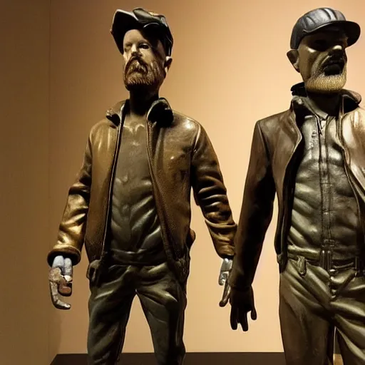 Prompt: jesse pinkman and walter white transformed into inanimate bronze statues, in a museum