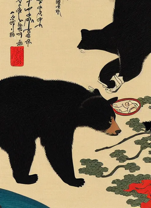 Image similar to ukiyo-e print of samurai Asian black bear and a cat, intricate, elegant, highly detailed, digital painting, artstation, concept art, smooth, sharp focus, illustration, art by Andō Hiroshige