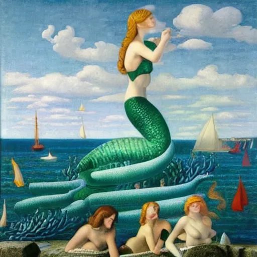 Image similar to a sea-fortress surrounded by mermaids by Raphael, Hopper, and Rene Magritte. detailed, romantic, enchanting, trending on artstation.