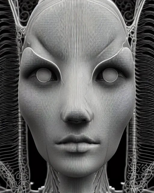 Image similar to mythical black and white organic bio-mechanical spinal ribbed profile face portrait detail of mechanical beautiful female angelic-vegetal-cyborg, highly detailed, intricate steampunk ornate, poetic, 3D render, digital art, octane render, 8K artistic photography, photo-realistic, by Dora Maar