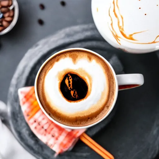 Prompt: coffee cup with a volcano erupting inside of the whipped cream on top of the cup