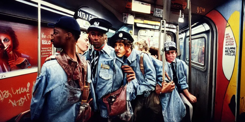 Prompt: new york subway cabin 1 9 8 0 s inside all in graffiti, policeman closeup, coloured film photography, christopher morris photography, bruce davidson photography