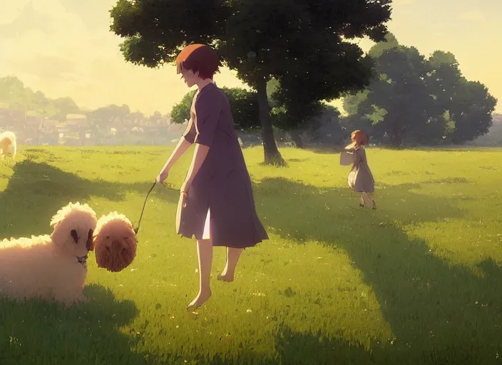 Image similar to france 1 9 2 0's, young adult playing with a goldendoodle dog on a green meadow, golden hour, finely detailed perfect art, gapmoe yandere grimdark, trending on pixiv fanbox, painted by greg rutkowski makoto shinkai takashi takeuchi studio ghibli