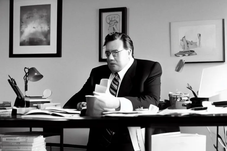 Image similar to cinematic film still from 1994 film: portly clean-shaven white man wearing suit and necktie at his desk. He has his right foot propped up on his desk. XF IQ4, f/1.4, ISO 200, 1/160s, 8K, RAW, dramatic lighting, symmetrical balance, in-frame