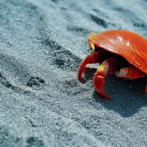 Prompt: An extreme close up of a large hermit crab in the sand, high DOF, National Geographic, F 1.8, Kodak Portra