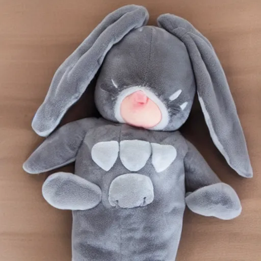 Prompt: a cute plush toy made to look like a sleeping baby wearing a grey fluffy bunny sleep suit