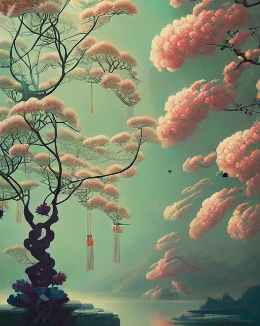 Image similar to Delaunay's floral tree wallpaper, chinoiserie pattern, peter mohrbacher, alena aenami