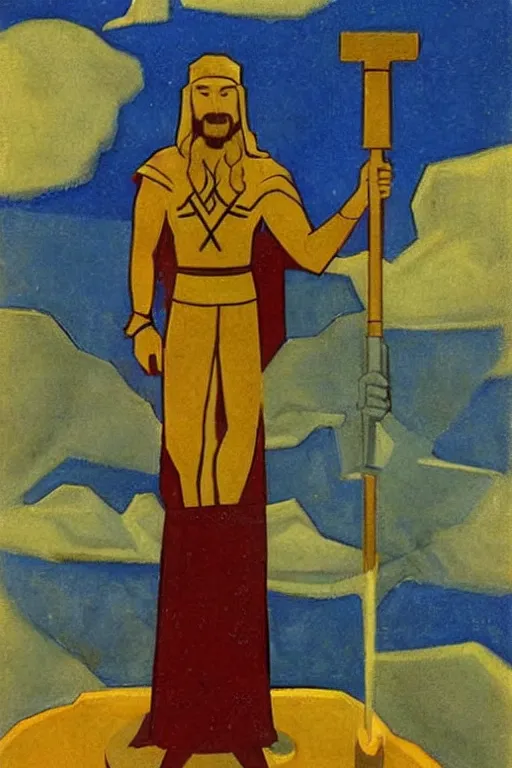 Image similar to thor with hammer, marvel, artwork by nicholas roerich,