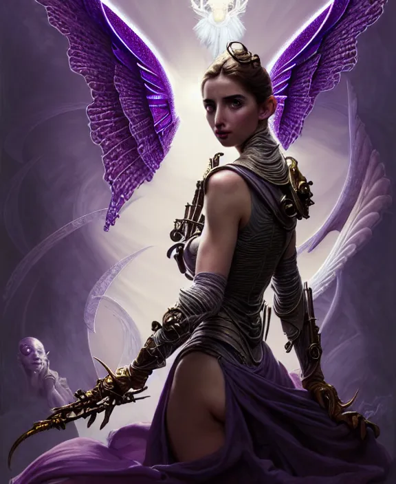 Image similar to beautiful fantasy character portrait, ana de armas, ultra realistic, wide angle, intricate details, the fifth element artifacts, tesseracts, highlights of purple, highly detailed by peter mohrbacher, hajime sorayama, wayne barlowe, boris vallejo, paolo eleuteri serpieri, dishonored 2, white gown, angel wings