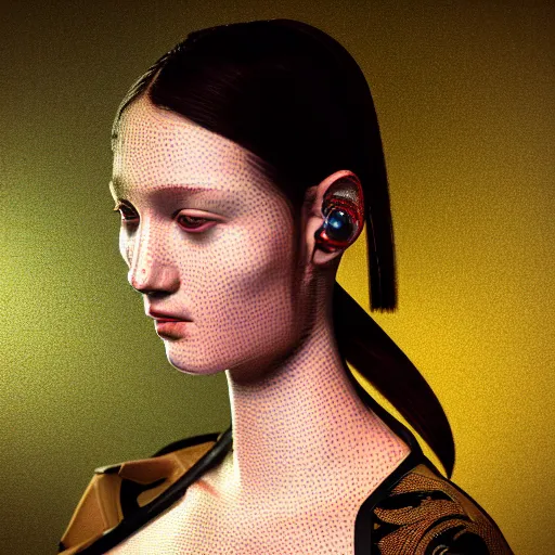 Image similar to hyperrealism aesthetic photography in caravaggio style quntum computer simulation visualisation of parallel universe cyberpunk scene with beautiful detailed ukrainian woman with detailed face wearing ukrainian traditional shirt and wearing retrofuturistic sci - fi neural interface designed by josan gonzalez. hyperrealism photo on pentax 6 7, by giorgio de chirico volumetric natural light rendered in blender