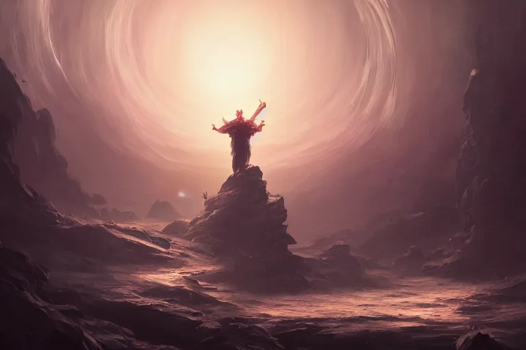 Prompt: a god coming into being and then dissolving into a universe, in the style of wlop and greg rutkowski, illustration, epic, fantasy, hyper detailed, smooth, unreal engine 5, sharp focus, ray tracing