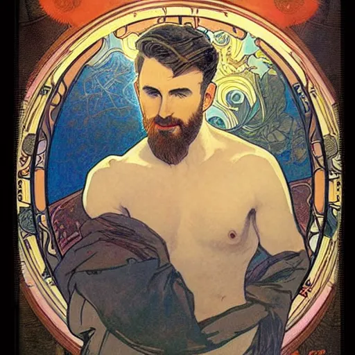 Image similar to chris evans portrait by louis - theophile hingre and alphonse mucha, realistic, sharp focus, zodiac signs, tarot cards, planets, ethereal, art nouveau, magic, moon, sun, crown, dreamy, royal, jewellery